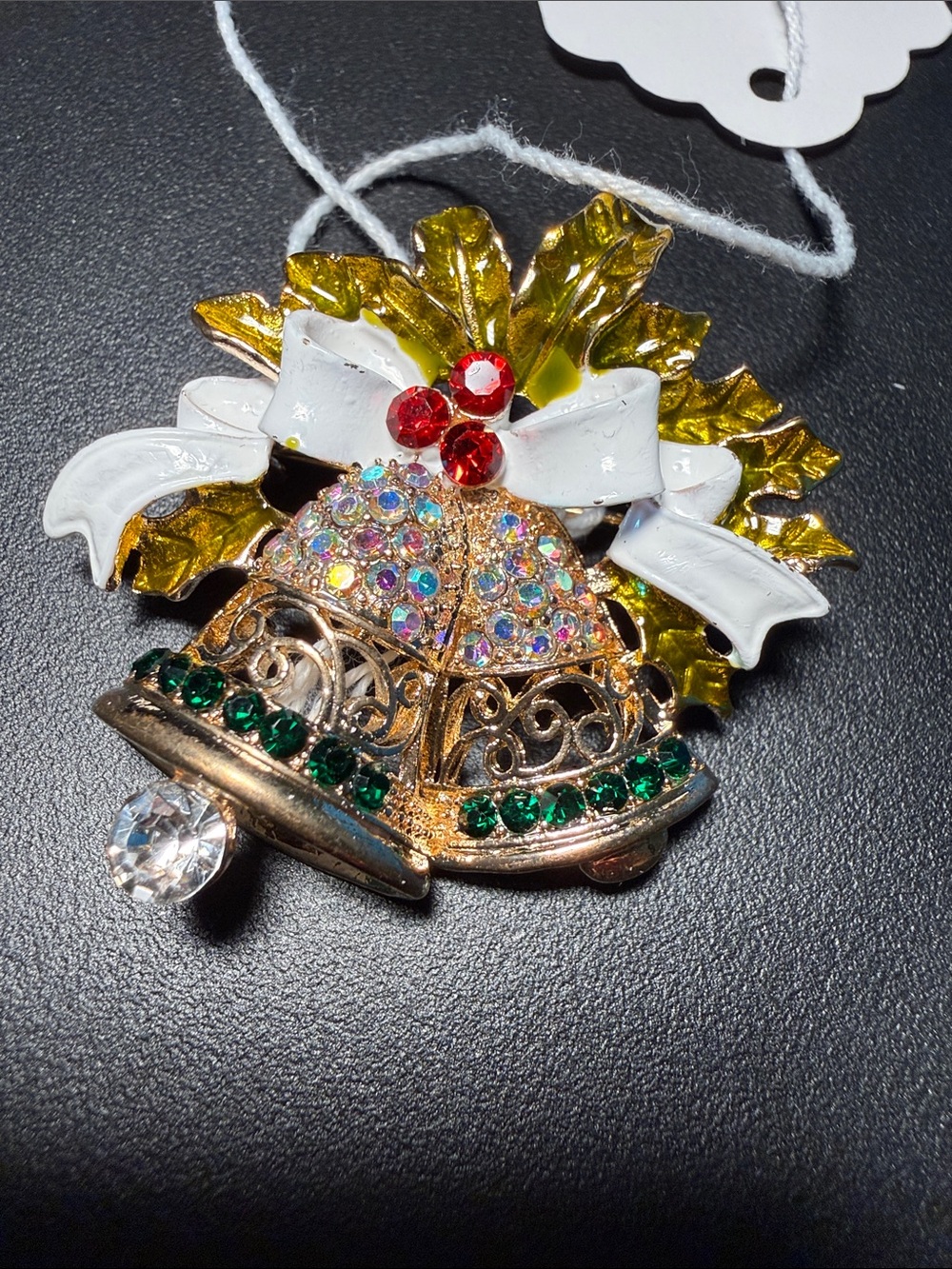 Gold-Tone Holiday Bell Brooch with Multicolor and Green Crystals